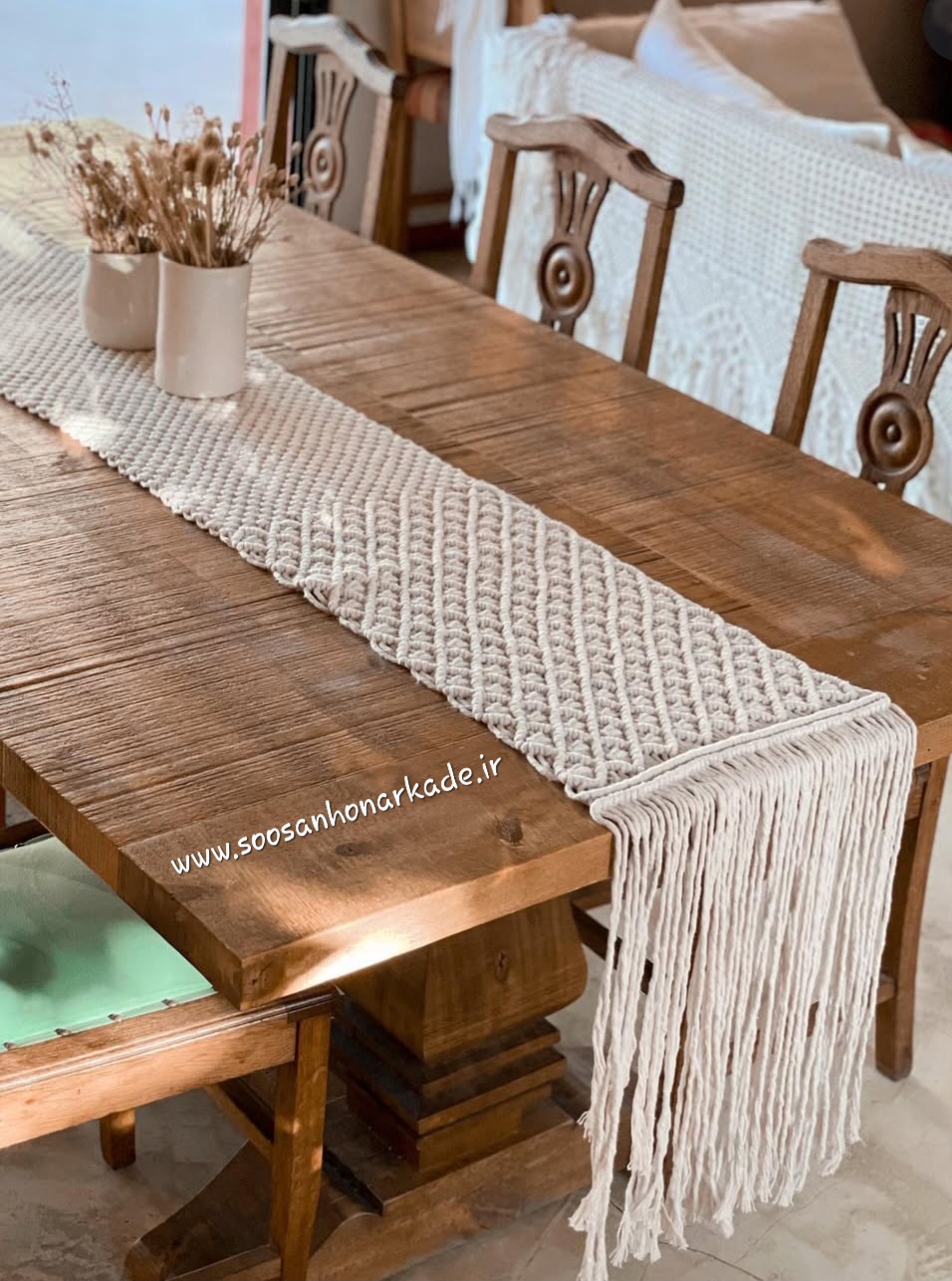 رانر مکرومه تراکم بالا طرح چهارخونه ای گلدار در رنگبندی و ابعاد دلخواه
