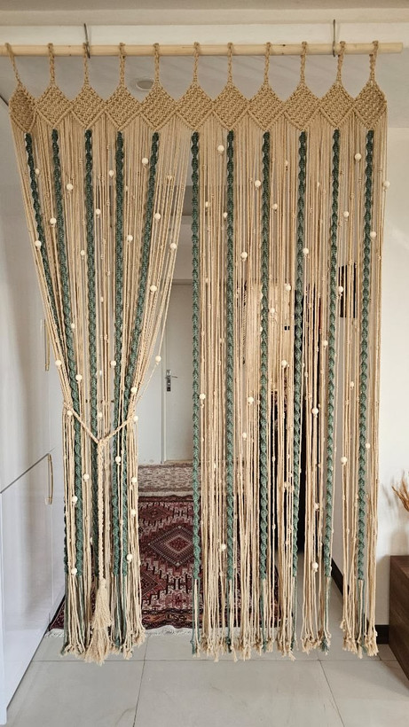 پرده مکرومه مدل دو رنگ طرح پیچ در رنگبندی و ابعاد دلخواه بصورت قسطی